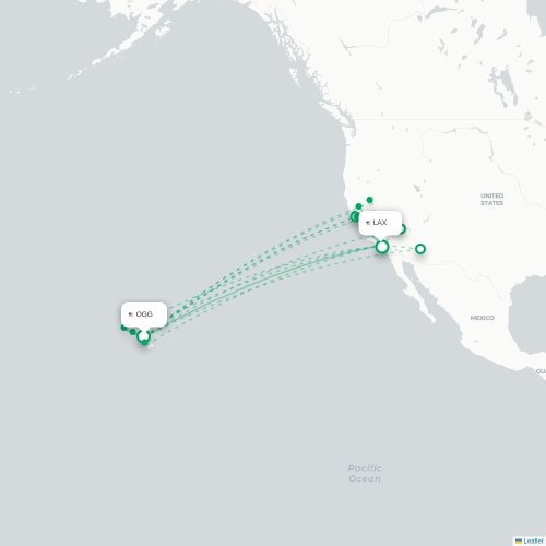Kahului - Los Angeles karta över direktflyg