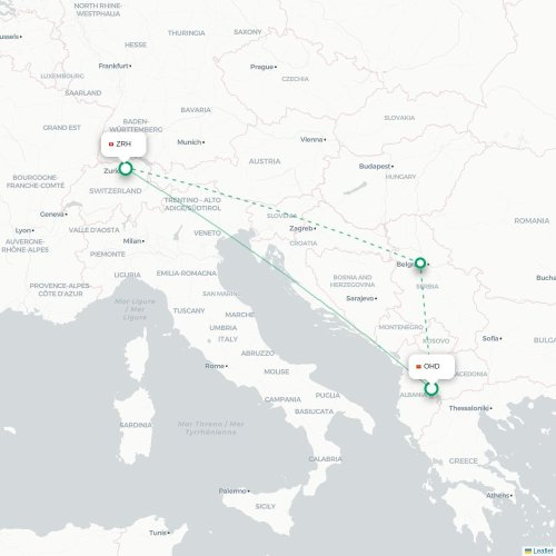 Mapa de vuelo directo Ohrid - Zúrich