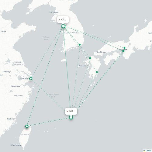 Mapa lotu bezpośredniego Okinawa – Inczhon
