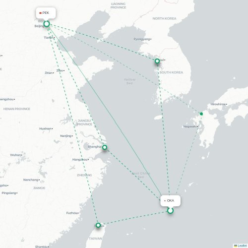 Mapa lotu bezpośredniego Okinawa – Pekin