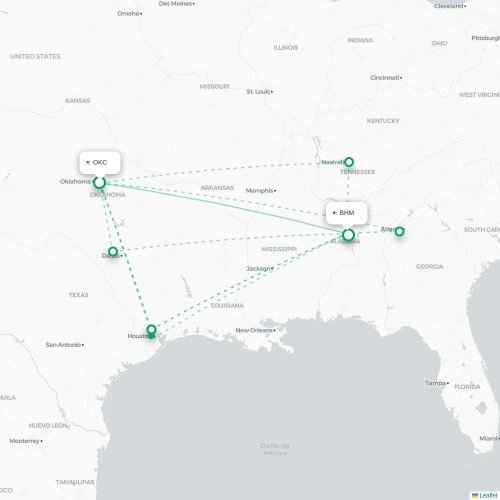 Mapa de vuelo directo Oklahoma City - Birmingham
