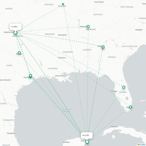 Mapa de vuelo directo Oklahoma City - Cancún