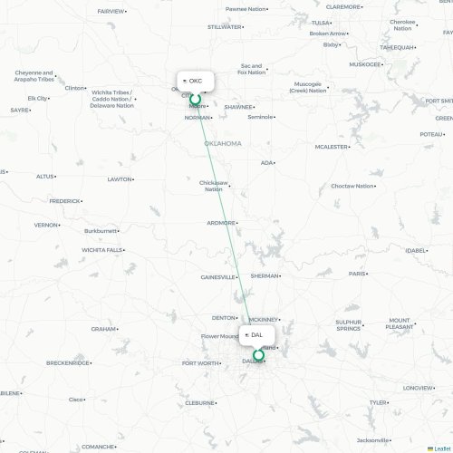 Mapa de vuelo directo Oklahoma City - Dallas