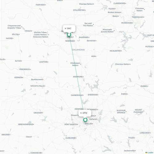 Mapa de vuelo directo Oklahoma City - Dallas