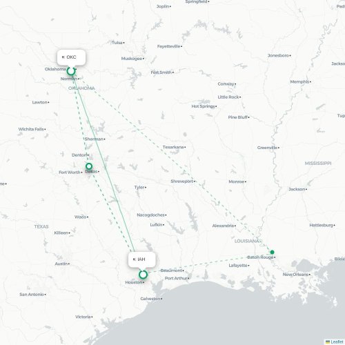 Mapa de vuelo directo Oklahoma City - Houston
