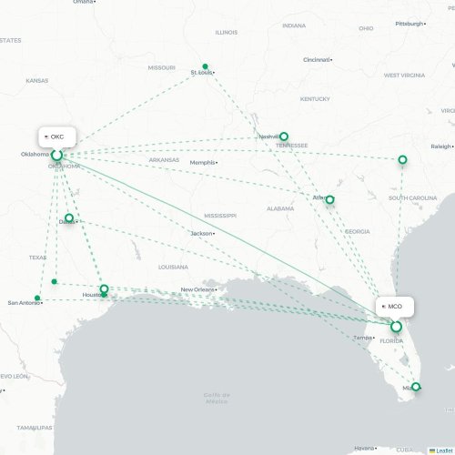 Mapa de vuelo directo Oklahoma City - Orlando