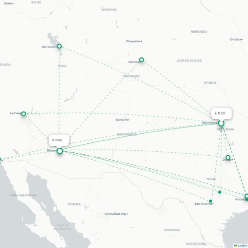 Mapa de vuelo directo Oklahoma City - Phoenix