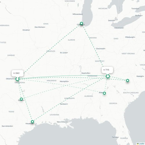 Mapa de vuelo directo Oklahoma City - Knoxville