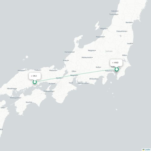 Mapa lotu bezpośredniego Okayama – Tokio