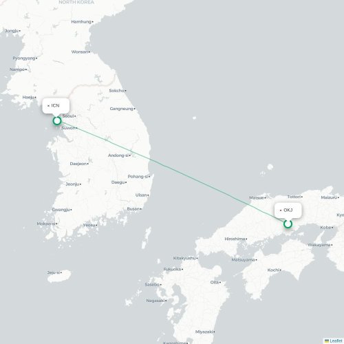 Mapa lotu bezpośredniego Okayama – Inczhon
