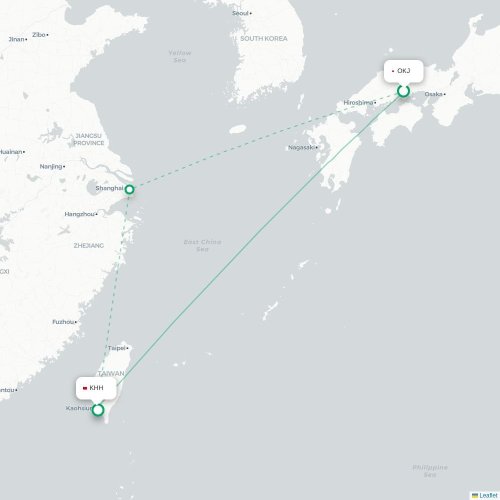 Mapa lotu bezpośredniego Okayama – Kaohsiung