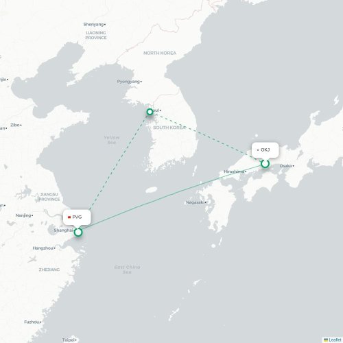 Mapa lotu bezpośredniego Okayama – Szanghaj