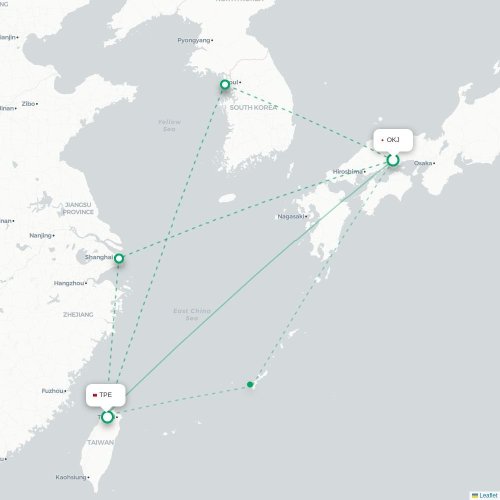 Mapa lotu bezpośredniego Okayama – Tajpej