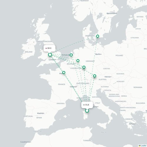Mapa de vuelo directo Olbia - Birmingham