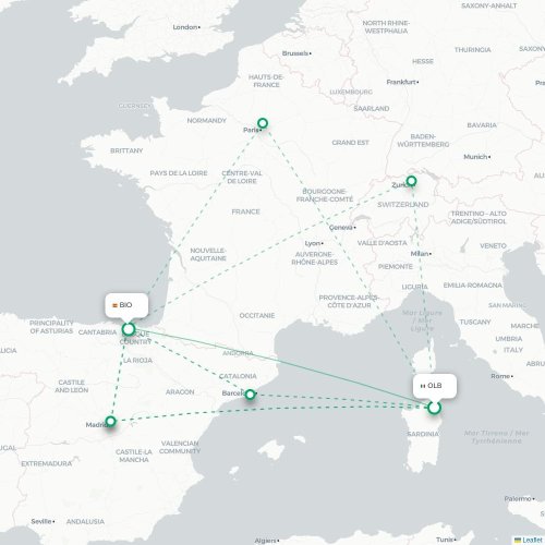 Mapa de vuelo directo Olbia - Bilbao