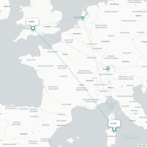 Mapa de vuelo directo Olbia - Brístol