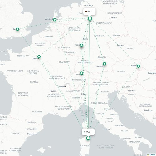 Olbia - Hannover kaart van rechtstreekse vlucht