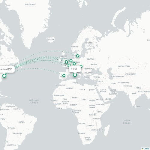 Mapa de vuelo directo Olbia - Nueva York