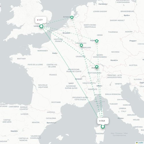 Mapa de vuelo directo Olbia - Londres