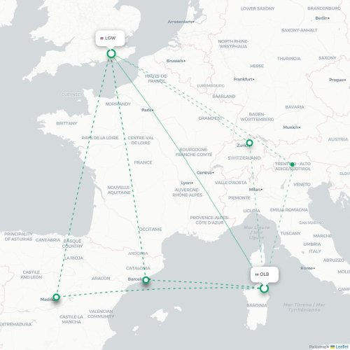 Mapa de vuelo directo Olbia - Londres