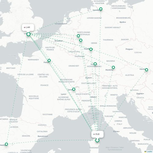 Mapa de vuelo directo Olbia - Londres