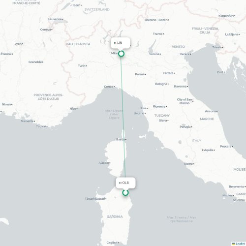 Mapa lotu bezpośredniego Olbia – Mediolan