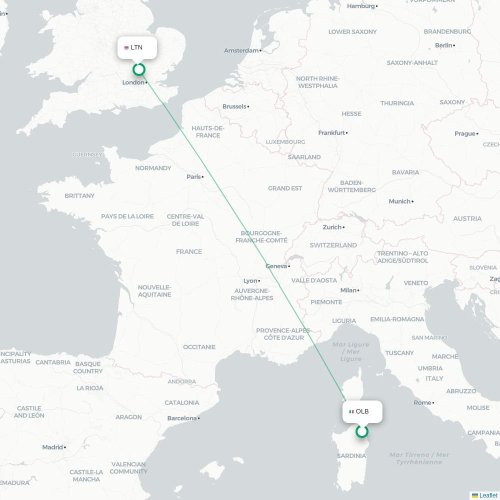Mapa de vuelo directo Olbia - Londres