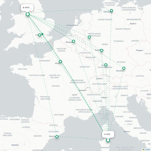 Mapa de vuelo directo Olbia - Mánchester