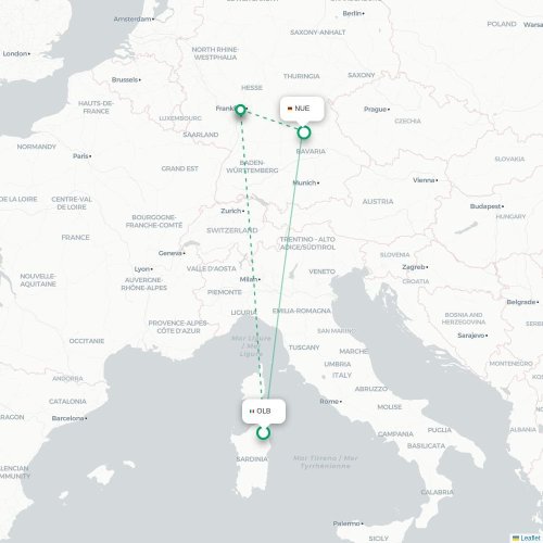 Olbia - Neurenberg kaart van rechtstreekse vlucht