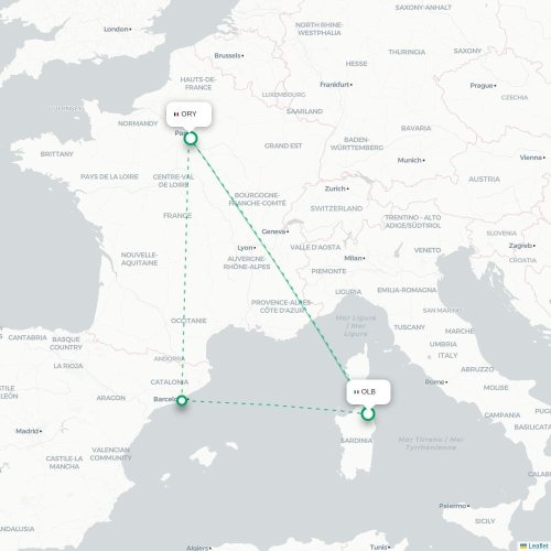 Mapa lotu bezpośredniego Olbia – Paryż