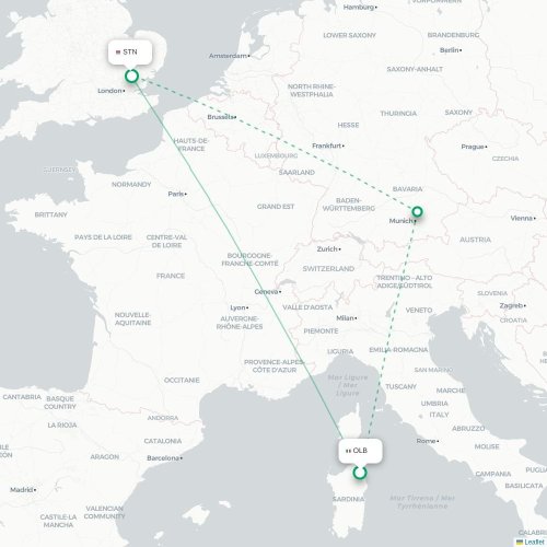 Mapa de vuelo directo Olbia - Londres