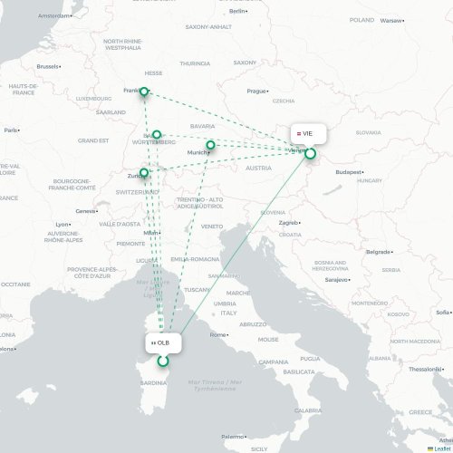Mapa lotu bezpośredniego Olbia – Wiedeń
