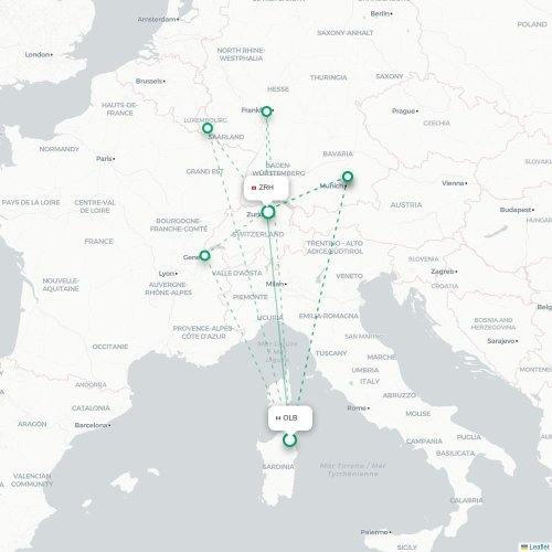 Olbia - Zurich karta över direktflyg
