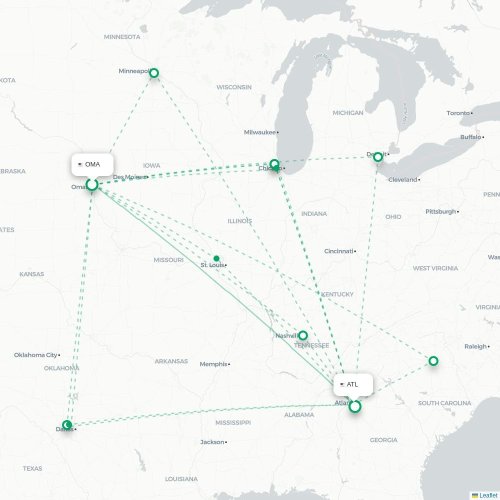 Mapa lotu bezpośredniego Omaha – Atlanta