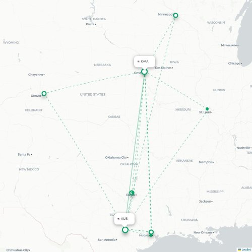Mapa lotu bezpośredniego Omaha – Austin