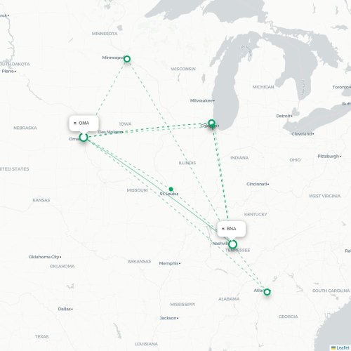 Mapa lotu bezpośredniego Omaha – Nashville