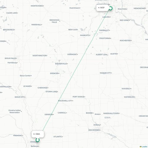 Mapa lotu bezpośredniego Omaha – Minneapolis