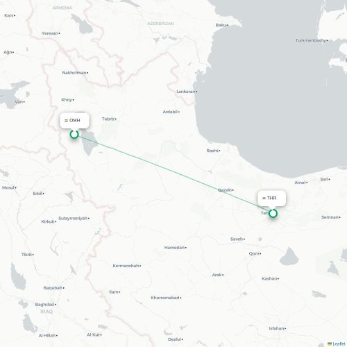 Mapa de vuelo directo Urmía - Teherán