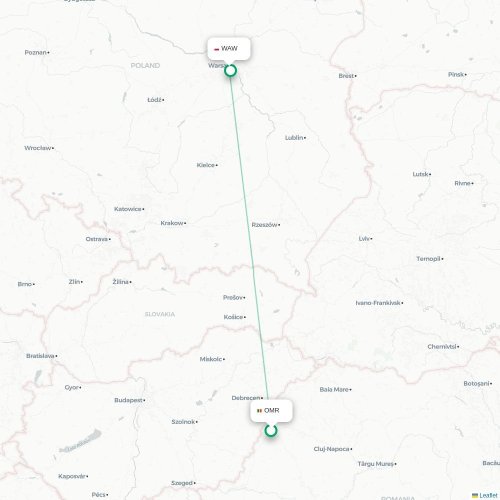 Mapa lotu bezpośredniego Oradea – Warszawa