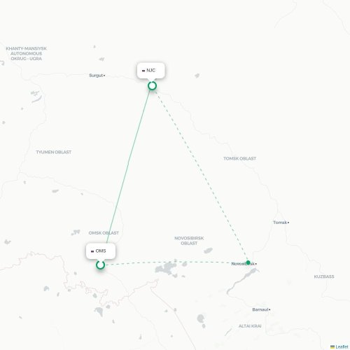 Mapa de vuelo directo Omsk - Nizhnevártovsk