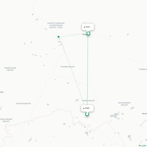 Mapa de vuelo directo Omsk - Surgut