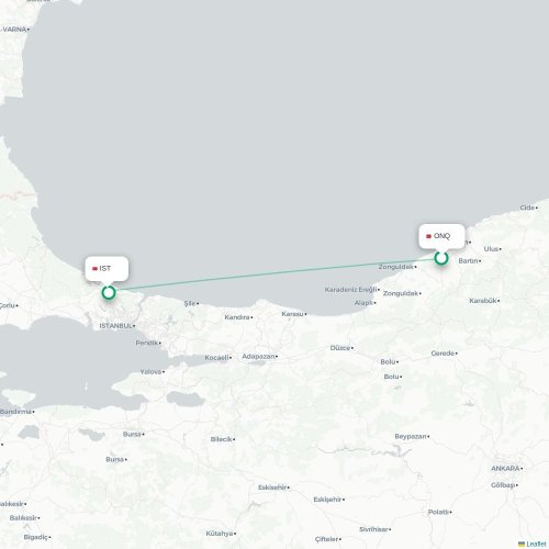 Mapa de vuelo directo Zonguldak - Estambul