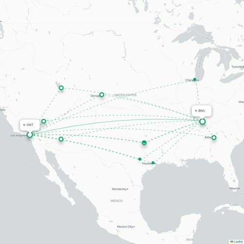Ontario - Nashville kort over direkte fly