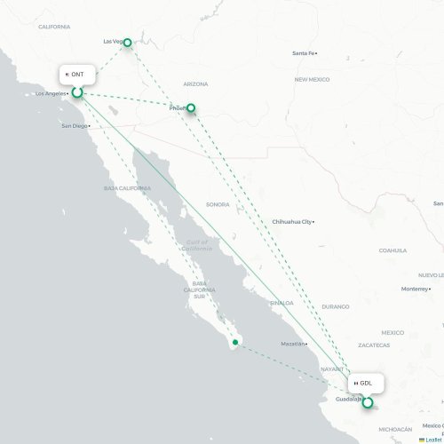 Mapa de vuelo directo Ontario - Guadalajara