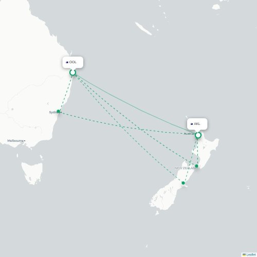 Mapa lotu bezpośredniego Coolangatta – Auckland