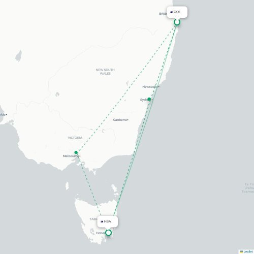 Mapa lotu bezpośredniego Coolangatta – Hobart