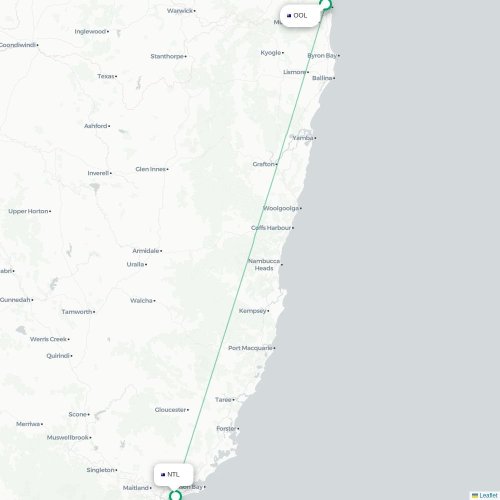 Coolangatta - Newcastle kort over direkte fly