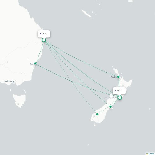 Mapa lotu bezpośredniego Coolangatta – Wellington