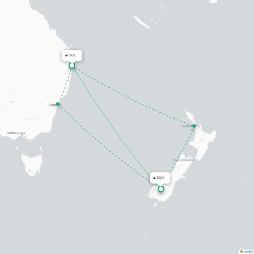 Mapa lotu bezpośredniego Coolangatta – Queenstown