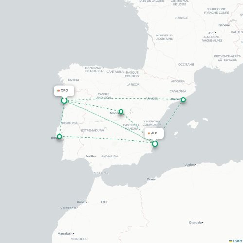 Mapa de vuelo directo Oporto - Alicante
